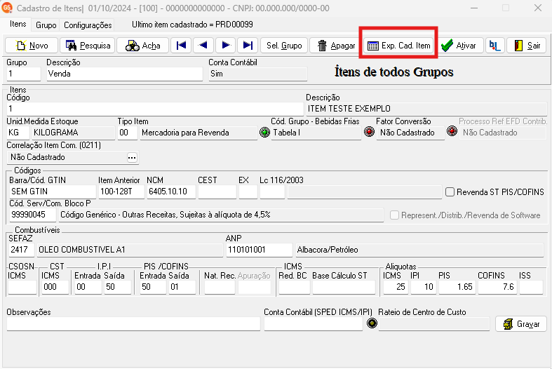 Tela de cadastro de itens destacando o botão Exp. Cad. Item.