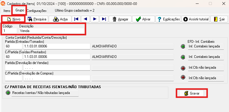 Tela de cadastro de itens destacando a aba Grupo. Possui campos para digitar o Código e a Descrição.