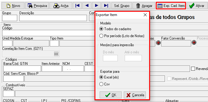 Tela de cadastro de itens destacando o botão Exp. Cad. Item. onde é possível escolher o modelo de impressão, formato e mês.