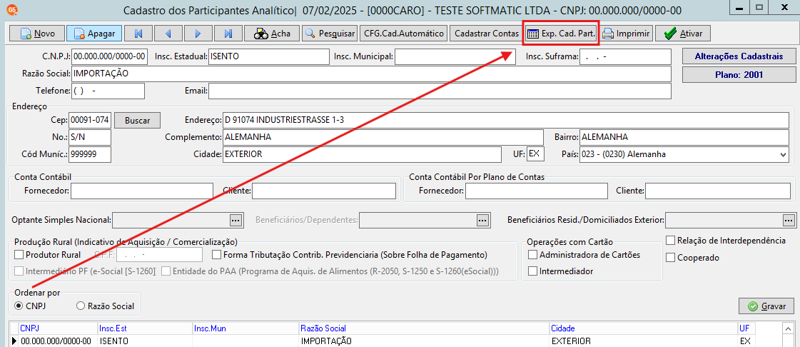 Tela de cadastro dos participantes analíticos do sistema G5. Exibe o botao Exp. Cad. Part. em destaque.