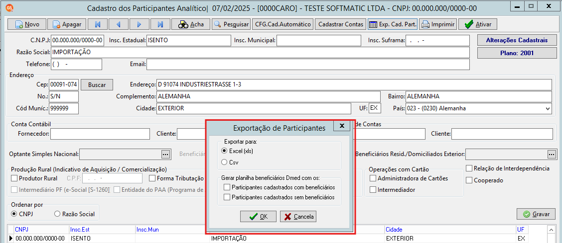 Push para exportação de participantes. É possível selecionar o formato (.xls) ou (.csv) e gerar a planilha com ou sem beneficiários.
