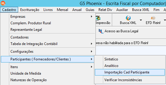 Menu Cadastro do sistema G5.