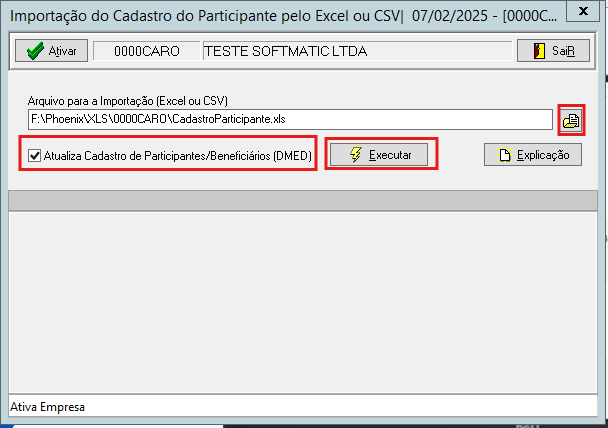 Tela de importação de cadastro do participante pelo excel ou csv exibindo o diretório para importação.