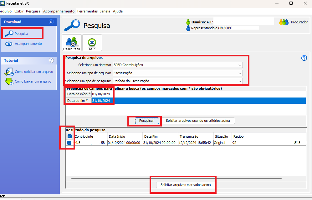 Busca do ReceitanetBX destacando os campos de data de início e data de fim.
