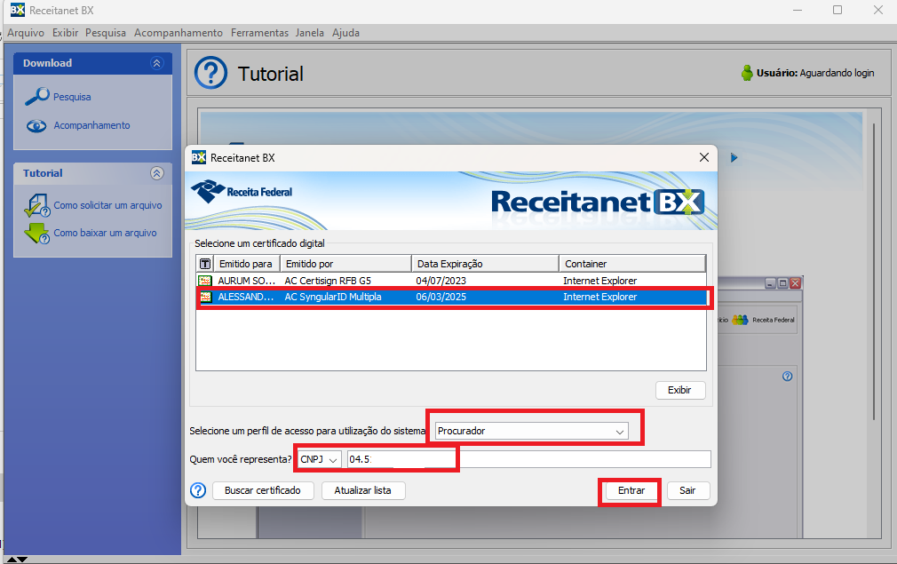 Tela de seleção de perfil e certificado digital do ReceitanetBX.