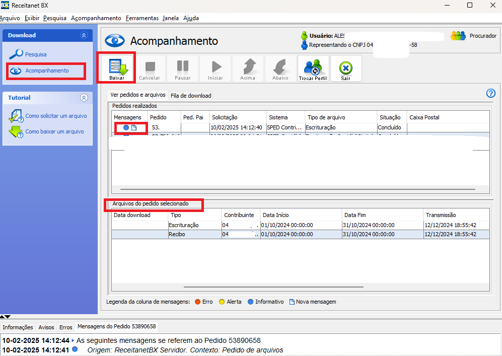 Acompanhamento do ReceitanetBX. Exibe o botão Baixar para fazer download do arquivo.