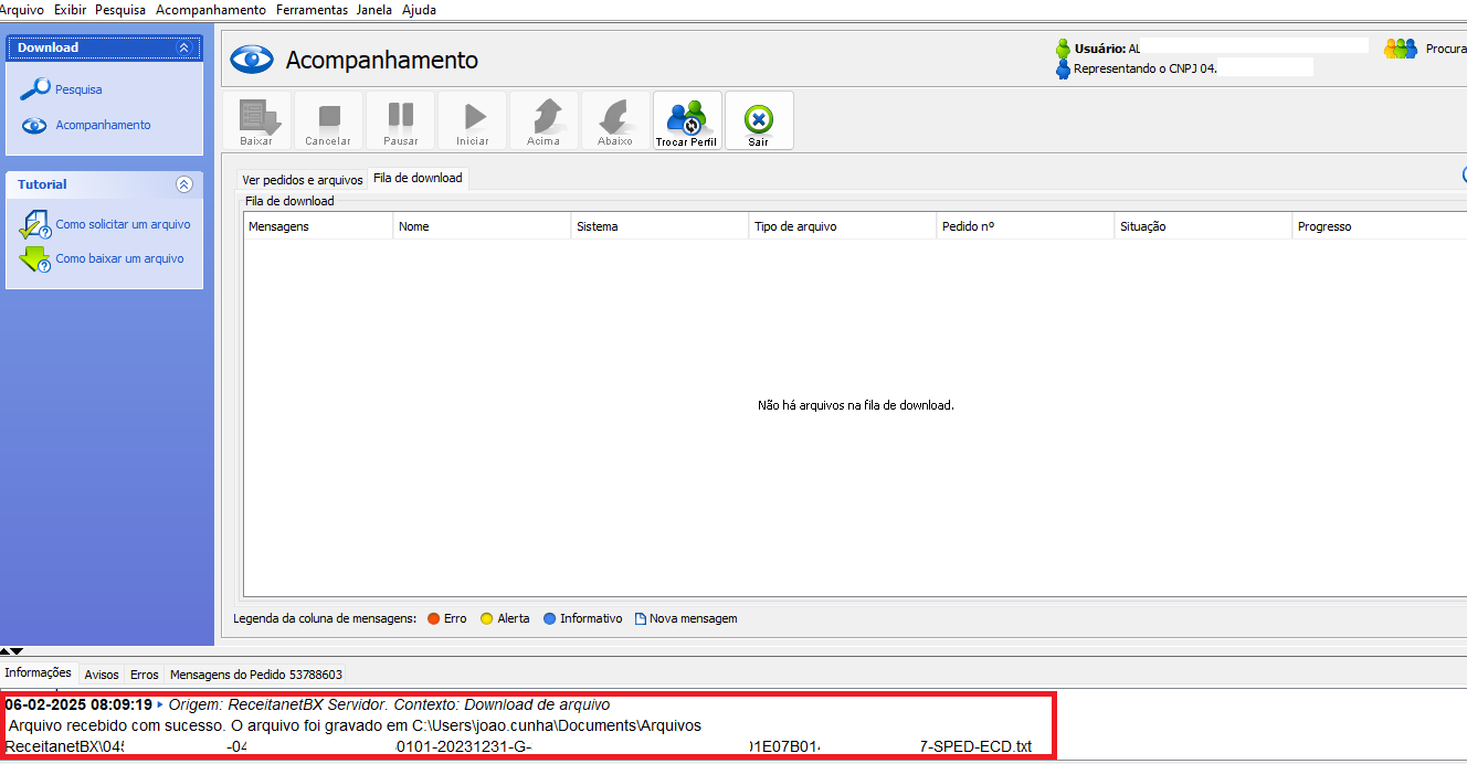 Finalização de download de arquivo. Exibe o caminho em que o arquivo foi gravado.