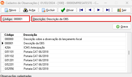 Tela de Cadastro de Observações com o código 000001 e descrição da OBS destacados em vermelho.