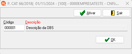Janela de seleção da Portaria CAT 66/2018 para o código 000001, exibindo o botão Ativar.