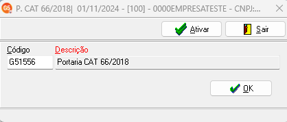 Tela de confirmação da Portaria CAT 66/2018 para o código G51556 com botão OK destacado.