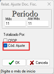 Janela de configuração de relatório com a opção de totalização por "Cód. Ajuste" selecionada em destaque vermelho.