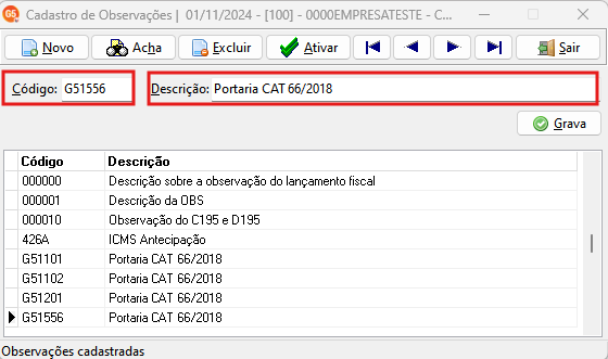 Cadastro de Observações exibindo o novo código G51556 associado à Portaria CAT 66/2018.