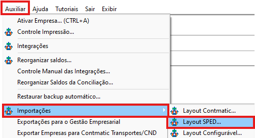 Menu Auxiliar disponível no Contábil.