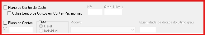 Exibe checkbox referete ao Plano de centro de custos e Plano de contas; é possível selecionar o Nº, Quantidade de níveis, Tipo, etc.