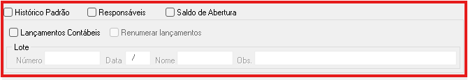 Exibe alguns checkbox como Histórico padrão, Responsáveis, Saldo de abertura e Lançamentos contábeis.