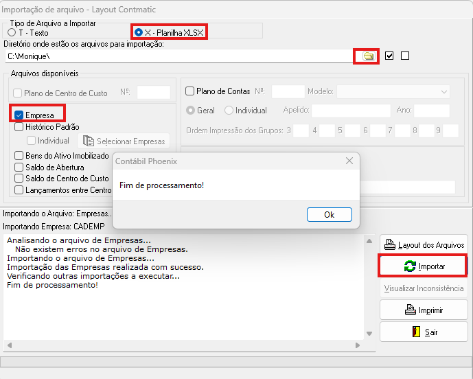 Tela de importação de arquivos exibindo o tipo de arquivo a importar, o diretório e o checkbox Empresa.