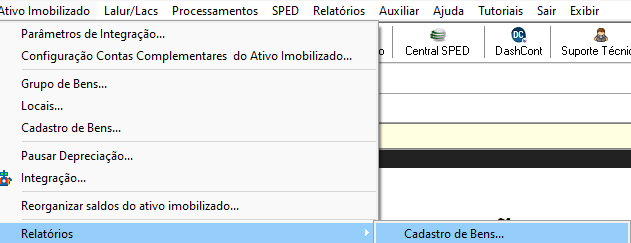 Menu Ativo imobilizado disponível no Contábil.