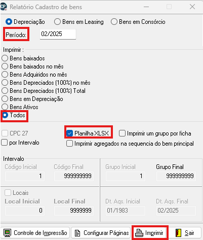 Tela de relatórios de cadastro de bens destacando o período, a opção de impressão e o formato planilha xlsx.