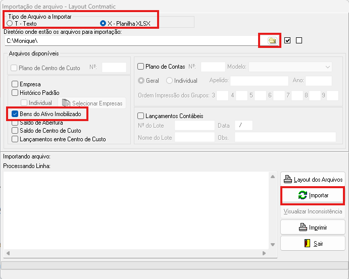 Tela de importação de arquivo; é possível selecionar o tipo de arquivo, diretório e marcar o checkbox Bens do ativo imobilizado.