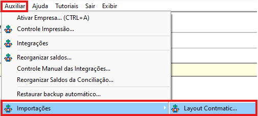 Menu Auxiliar disponível no Contábil.
