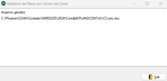 Relatório de plano por centro de custo exibindo o diretório em que o arquivo foi gerado.