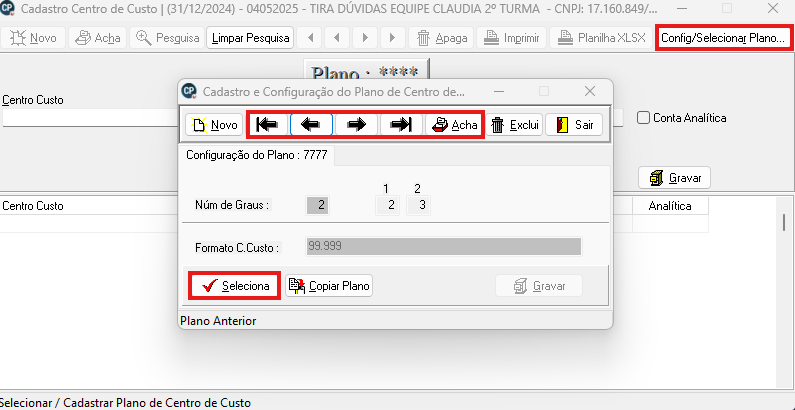 Tela de cadastro de centro de custos destacando a opção de configuração do plano.