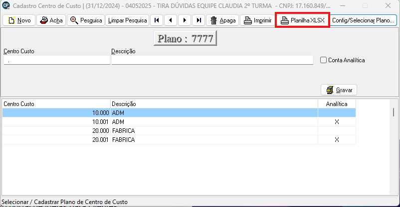 Tela de cadastro de centro de custo destacando o botão Planilha xlsx para impressão.