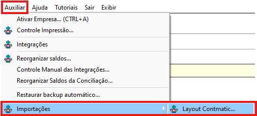 Menu Auxiliar disponível no Contábil.