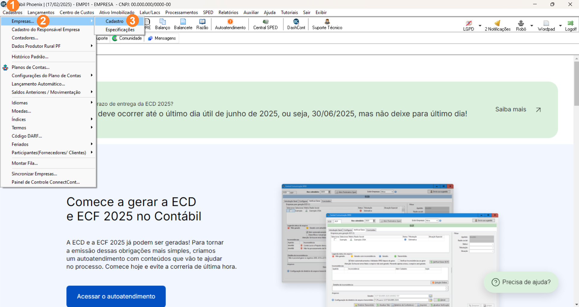 Tela inicial do sistema Contabilidade (antigo Contábil), possui menu superior alinhado à esquerda sendo Cadastros o primeiro item.