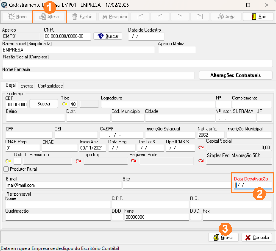 Tela de cadastramento de empresa do sistema Contábil. Possui os botões Novo, Alterar, Excluir, Pesquisar, Acha e Sair na parte superior. Também possui diversos campos como Razão social, Data desativação, etc. para cadastrar a empresa.
