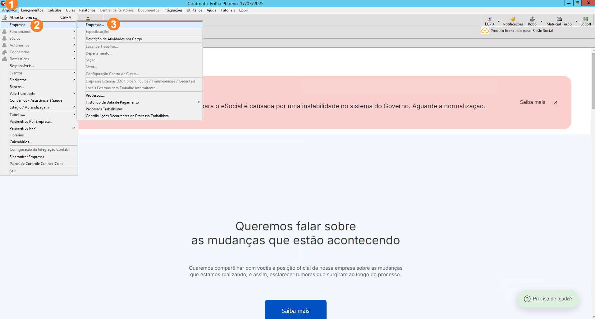 Tela inicial do sistema Folha, possui menu superior alinhado à esquerda sendo Arquivos o primeiro item.