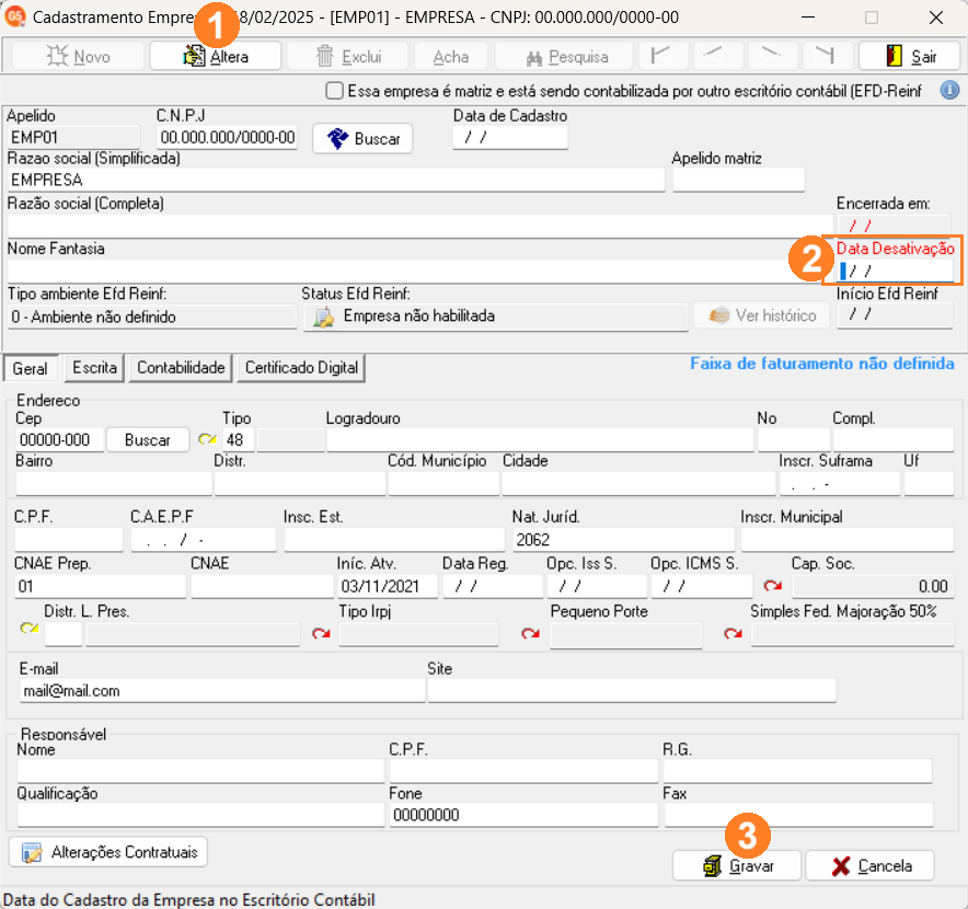 Tela de cadastramento de empresa do sistema G5. Possui os botões Novo, Altera, Exclui, Pesquisa, Acha e Sair na parte superior. Também possui diversos campos como Razão social, Data desativação, etc. para cadastrar a empresa.