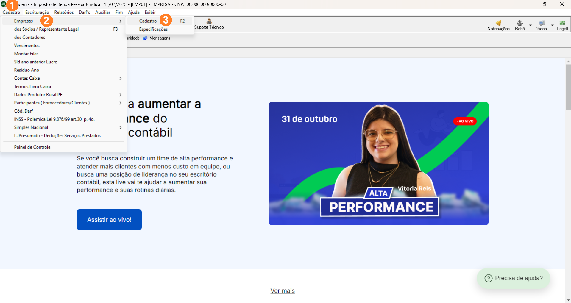 Tela inicial do sistema IRPJ, Simples Nacional e Lucro Presumido (antigo JR), possui menu superior alinhado à esquerda sendo Cadastro o primeiro item.