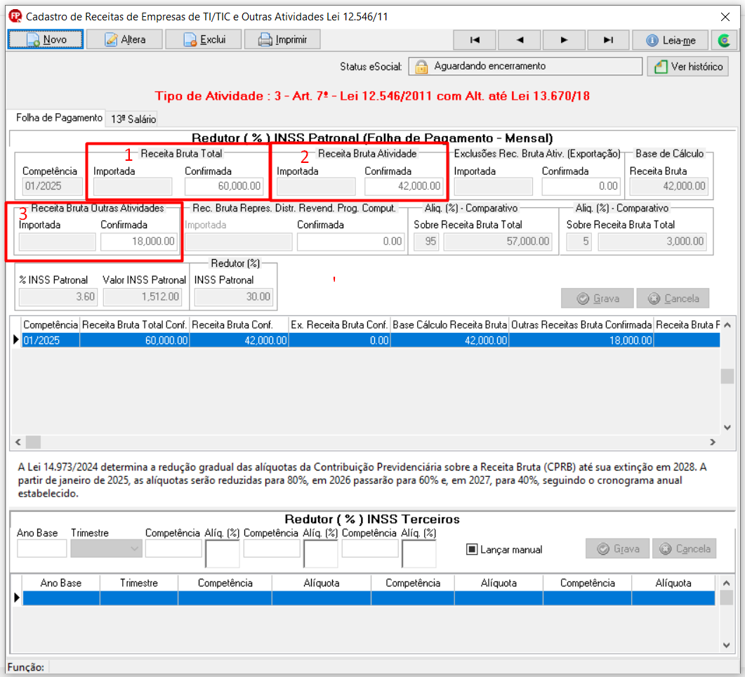 Tela de receitas de empresas TI/TIC e outras atividades do sistema Folha. Aba Folha de pagamento exibindo os campos a serem preenchidos para o lançamento das receitas.