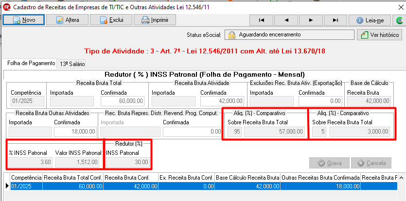 Tela de receitas de empresas TI/TIC e outras atividades do sistema Folha. Aba Folha de pagamento exibindo os campos preenchidos automaticamente após o lançamento das receitas.