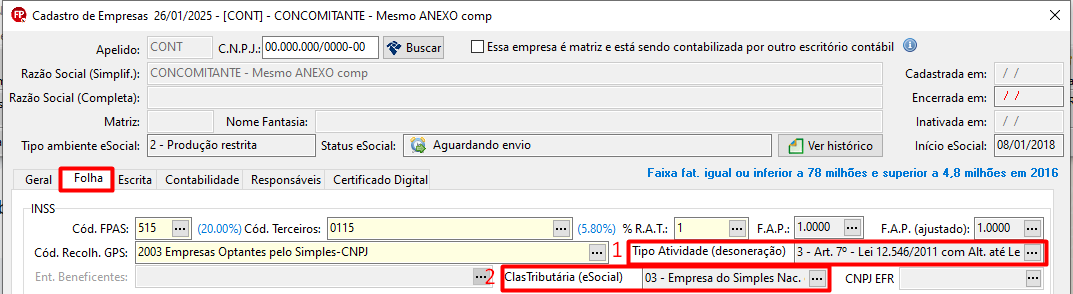 Tela de cadastro de empresa evidenciando a aba Folha e os campo Tipo atividade (desoneração) e Clas. tributária (eSocial).