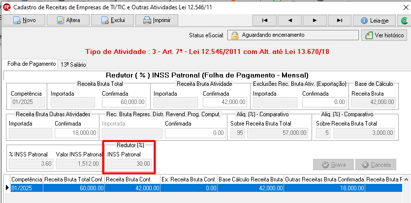 Tela de cadastro de receitas de empresas de TI/TIC e outras atividades evidenciando o campo Redutor % INSS patronal.