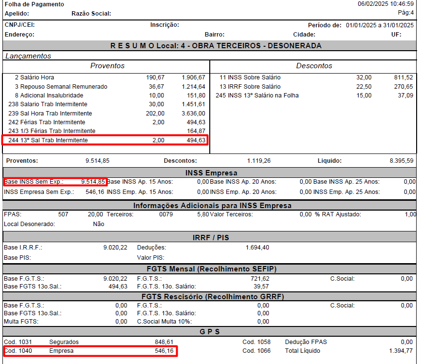 Folha de pagamento de um funcionário exemplo exibindo um resumo do 13º salário com 100% desoneração.