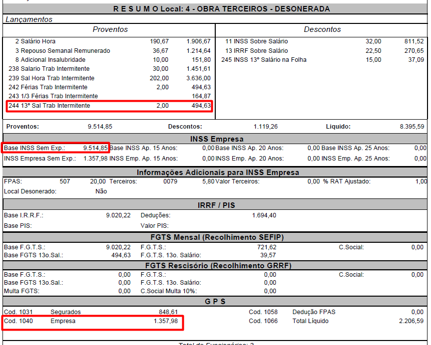 Folha de pagamento de um funcionário exemplo exibindo um resumo do 13º salário com 40% desoneração.