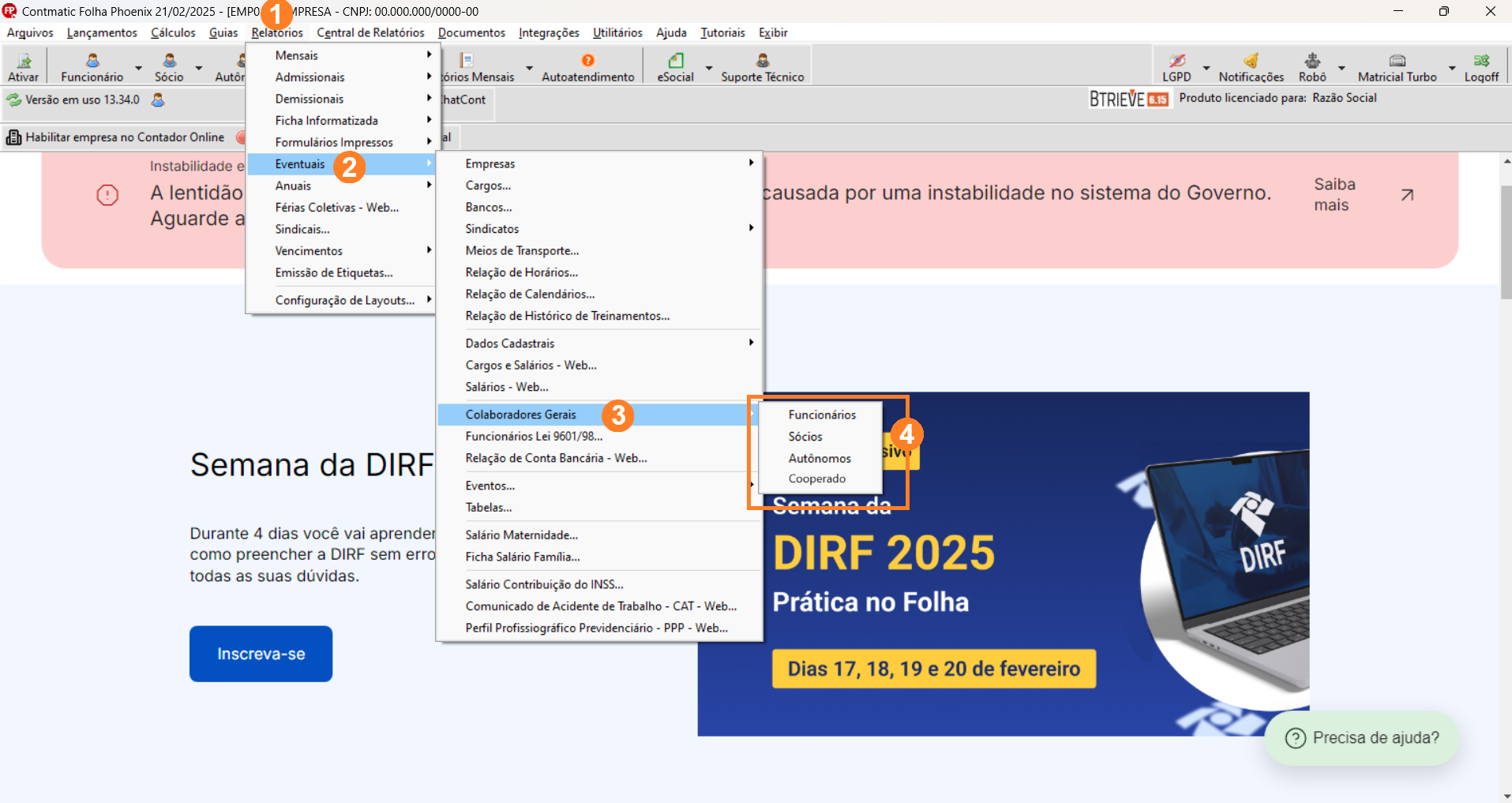 Tela inicial sistema Folha, possui menu superior alinhado à esquerda sendo Relatórios o quinto item.