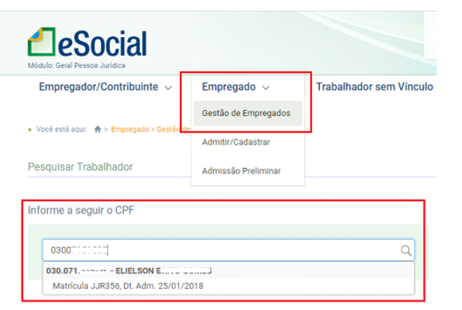 Menu de gestão de empregados no portal do eSocial.