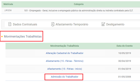 Tela de movimentações trabalhistas do eSocial.