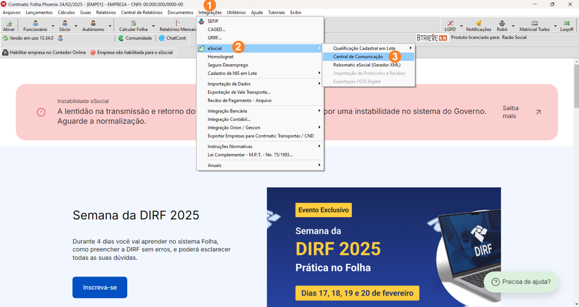 Tela inicial sistema Folha, possui menu superior alinhado à esquerda sendo Integrações o oitavo item.