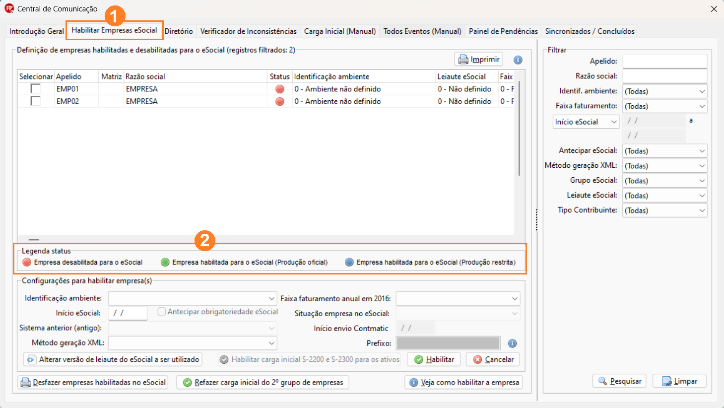 Tela da Central de comunicação, exibe as empresas habilitadas e desabilitadas para o eSocial e os status de identificação do ambiente.