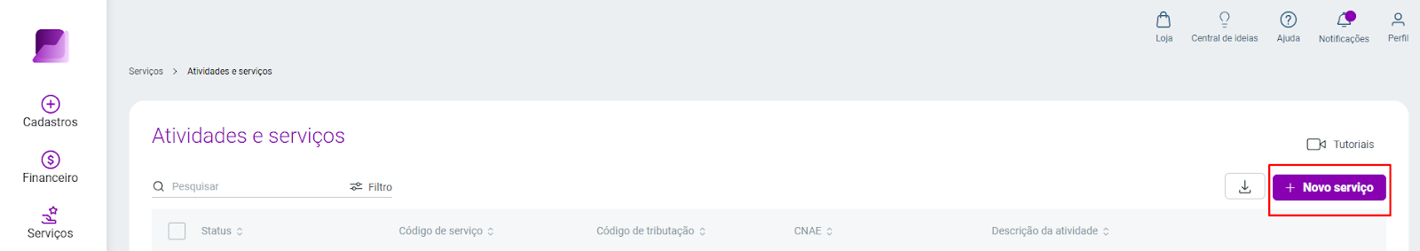 Tela de cadastro de serviços do sistema Gestão do Escritório. Possui botão à direita escrito + Novo serviço.