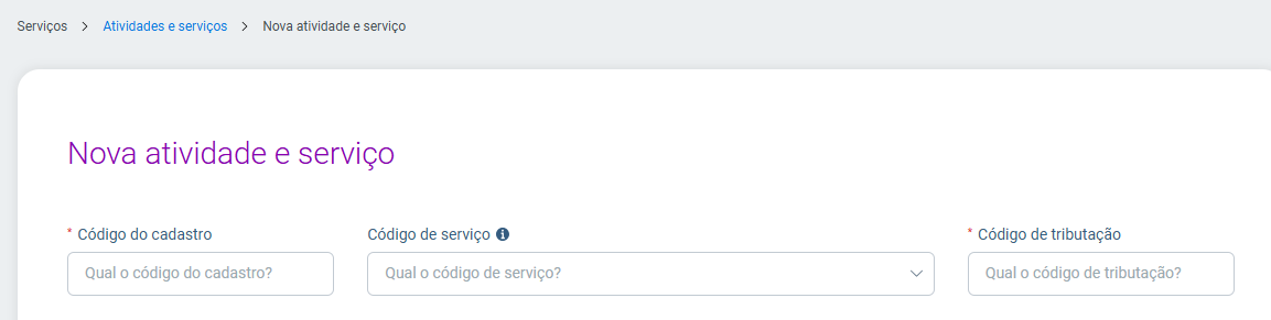 Tela de cadastros de serviços, exibe os campos Código do cadastro, Código de serviço e Código de tributação.