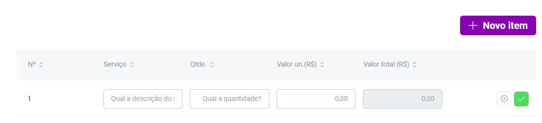 Cadastro de novo item, exibe os campos Serviço, Quantidade e Valor unitário para preenchimento.