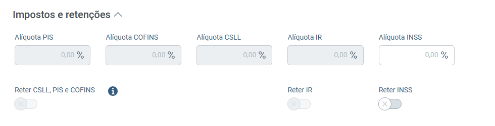 Parametrizações de impostos e retenções ao cadastrar novo serviço no sistema Gestão do Escritório.
