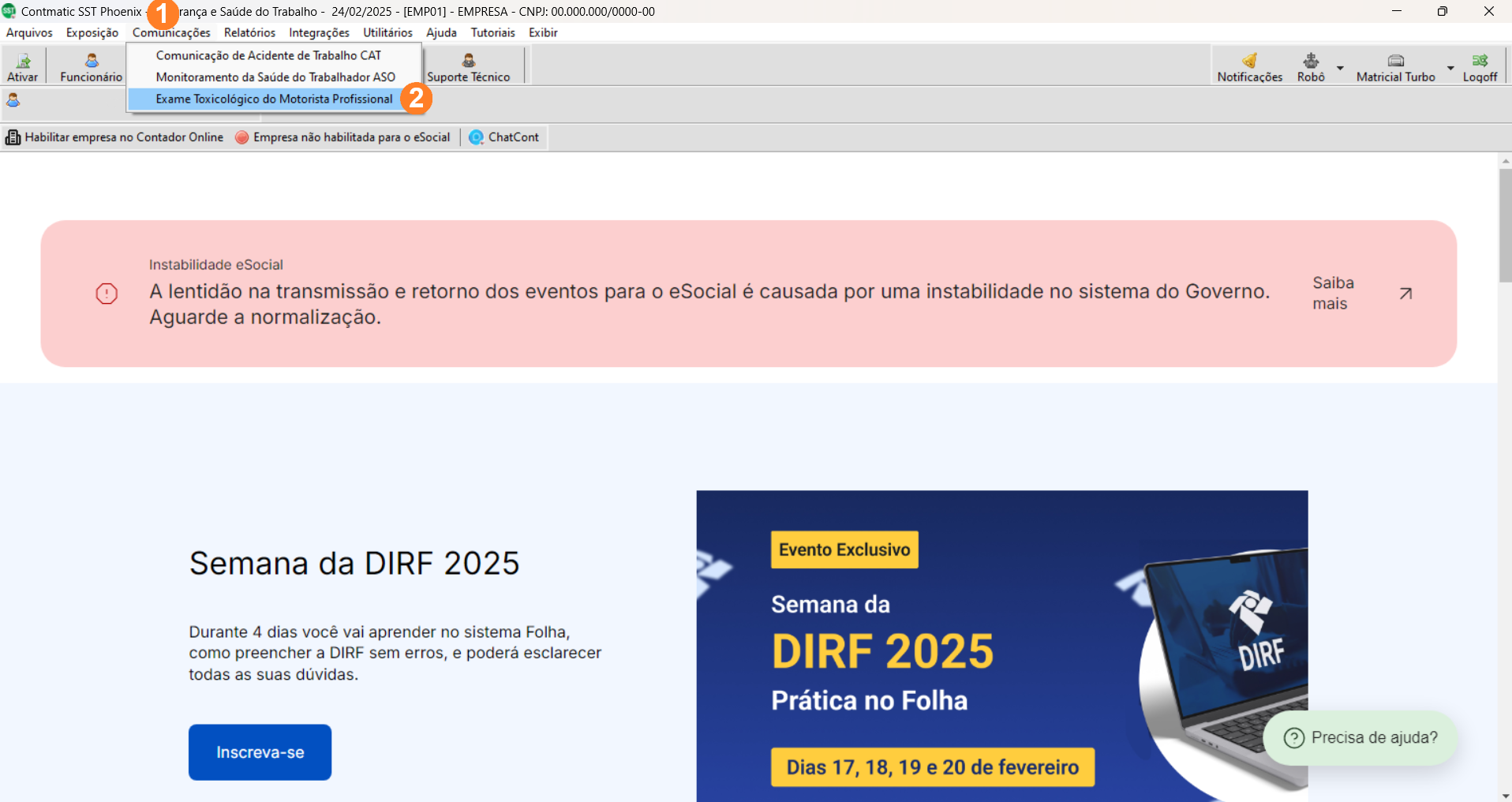 Tela inicial sistema SST, possui menu superior alinhado à esquerda sendo Comunicações o terceiro item.