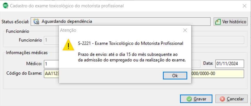 Mensagem de exame toxicológico cadastrado com sucesso no sistema SST.